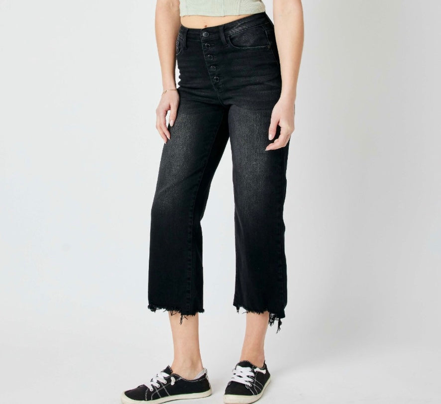 Judy Blue Tara High Rise Ripped Raw Hem Crop Wide Leg Jeans Pizzazz Beloit