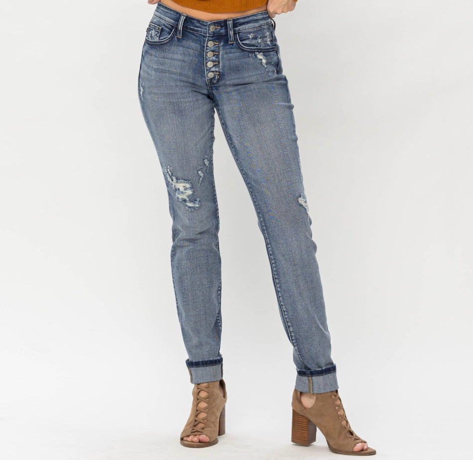 Judy Blue Mid Rise Button Fly Contrast Washed Cuffed Boyfriend Jeans