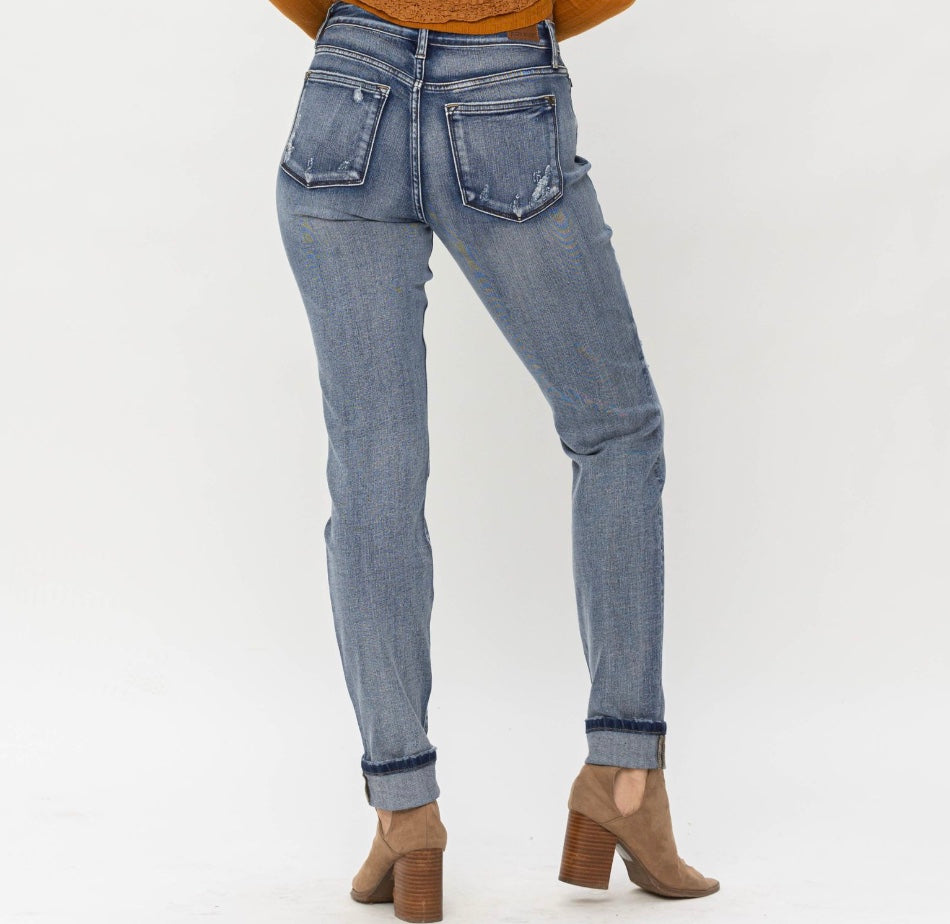 Judy Blue Mid Rise Button Fly Contrast Washed Cuffed Boyfriend Jeans