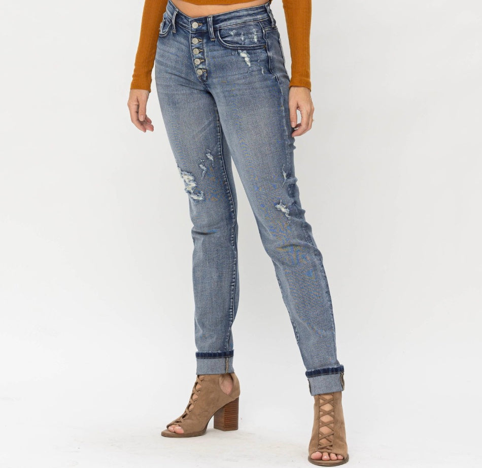Judy Blue Mid Rise Button Fly Contrast Washed Cuffed Boyfriend Jeans