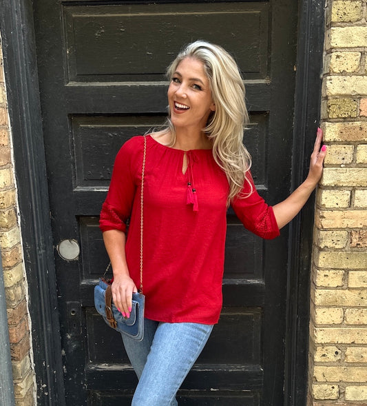 Tassel Tie Lace Inset Accent Blouse