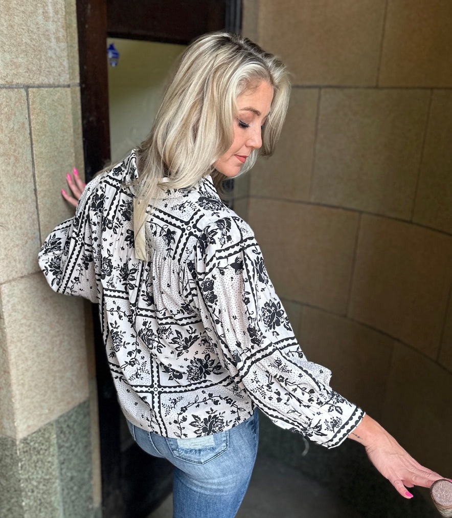 Black Floral Print Button Down Shirt