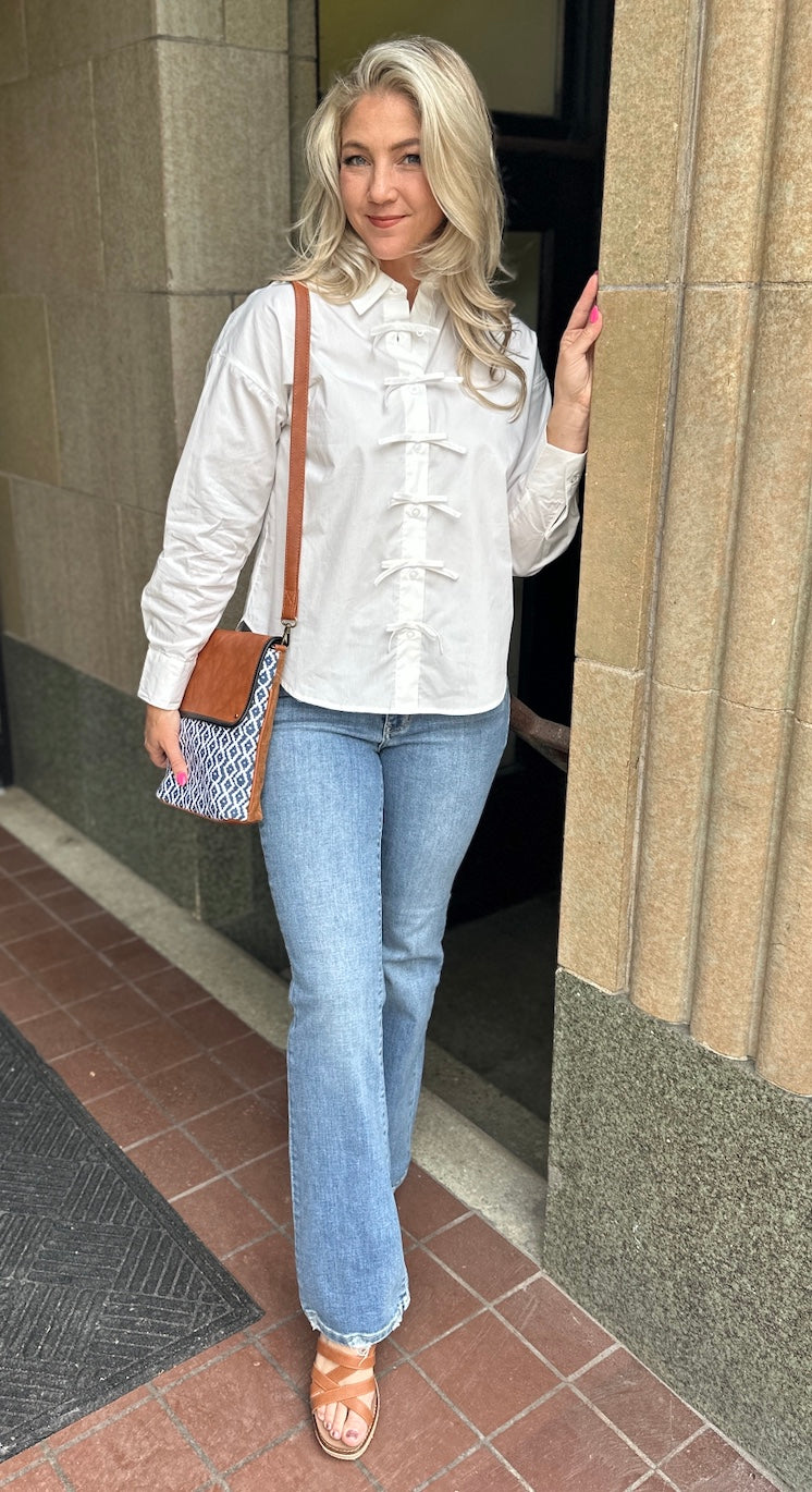 Ribbon Detail Poplin Long Sleeve Top