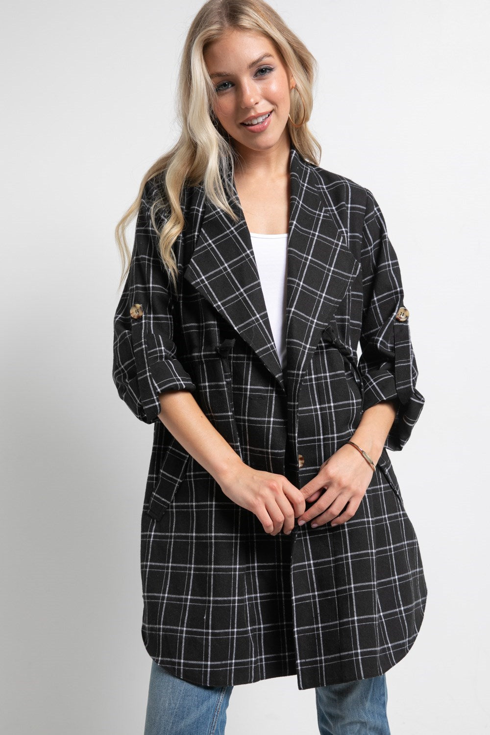 Plaid Folded Sleeve Rounded Hem Anorak Jacket