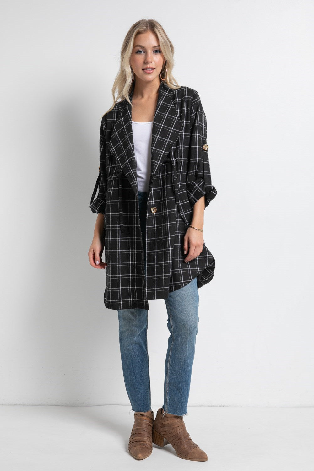 Plaid Folded Sleeve Rounded Hem Anorak Jacket