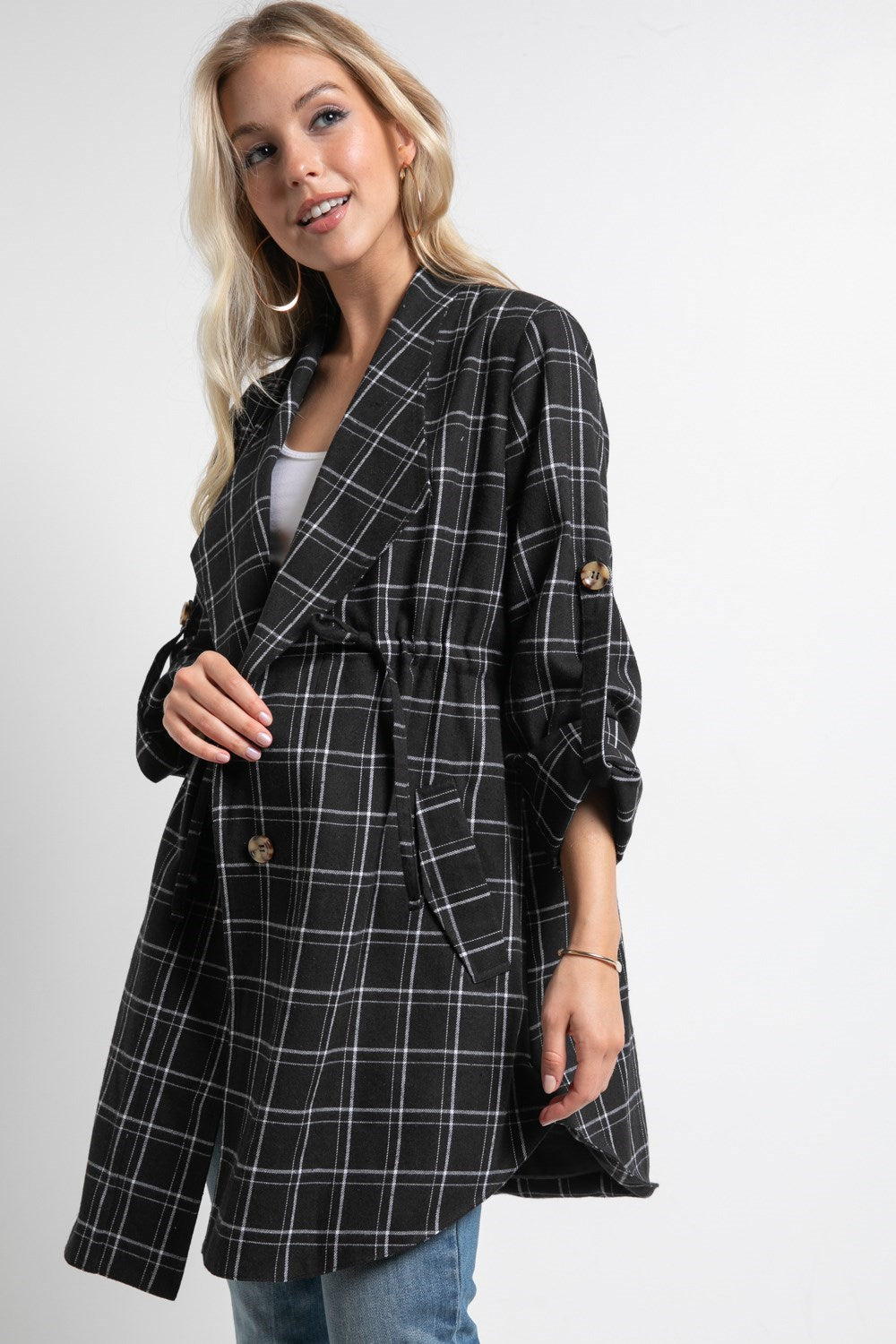 Plaid Folded Sleeve Rounded Hem Anorak Jacket