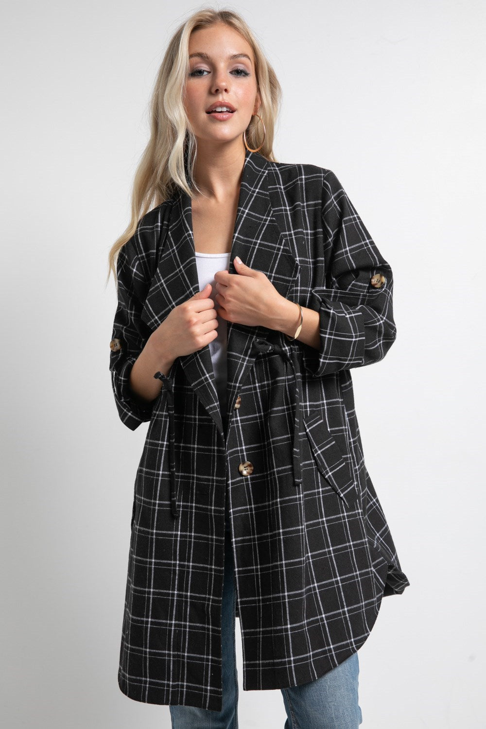 Plaid Folded Sleeve Rounded Hem Anorak Jacket