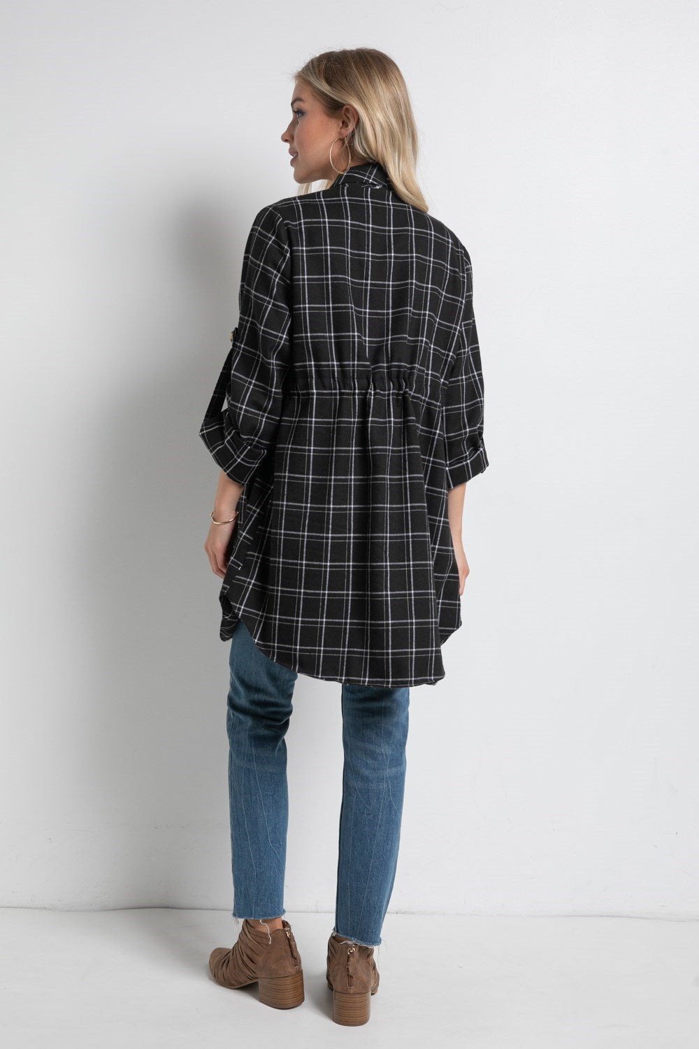 Plaid Folded Sleeve Rounded Hem Anorak Jacket