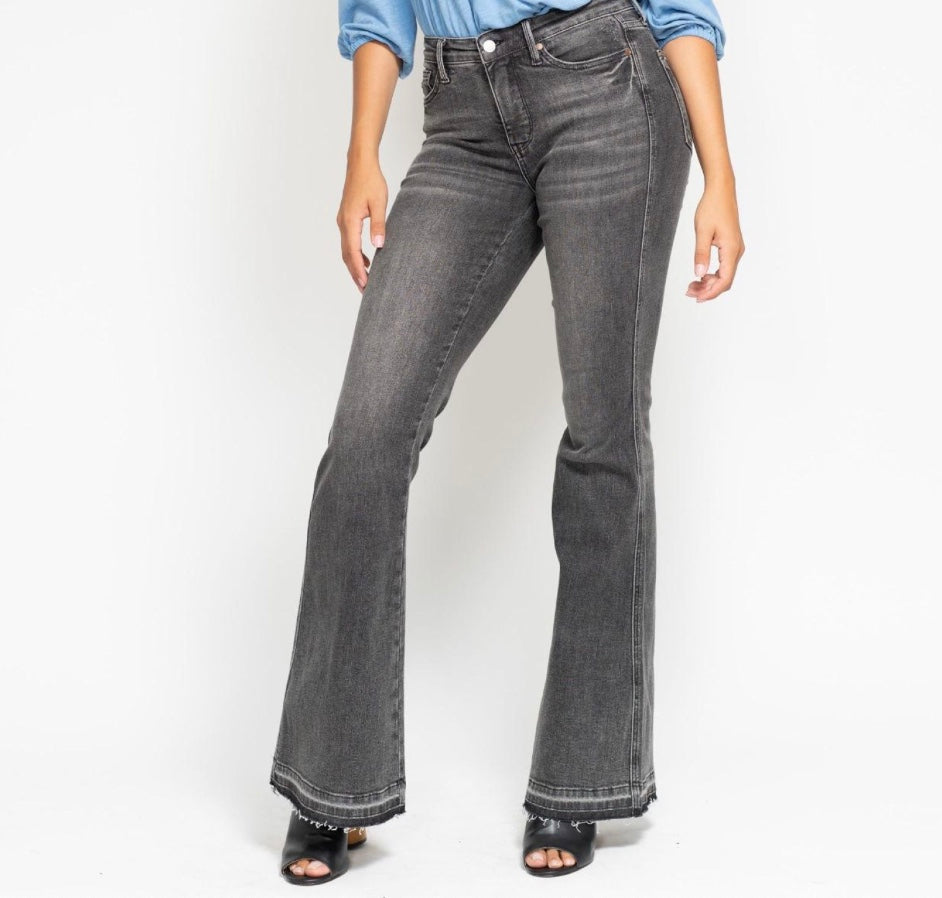 Judy Blue Mid Rise Tummy Control Washed Gray Hem Release Flare Jeans Pizzazz Beloit