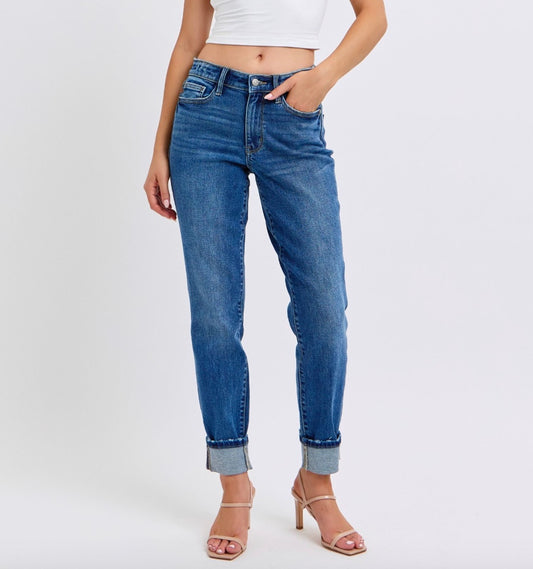Judy Blue Mid Rise Vintage Wash Cuffed Boyfriend Jeans Pizzazz Beloit