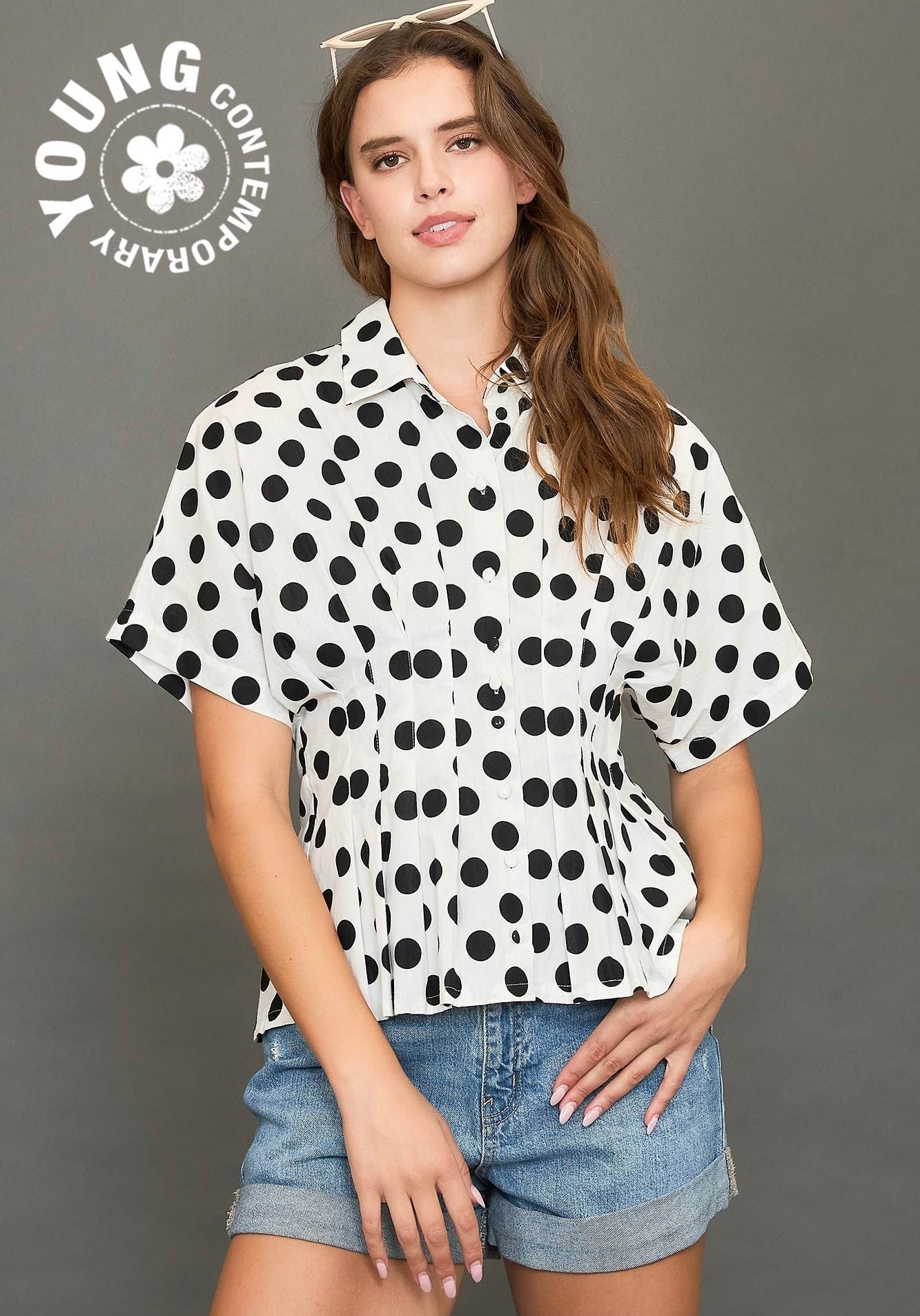 Polka Dot Pleated Button Down Top