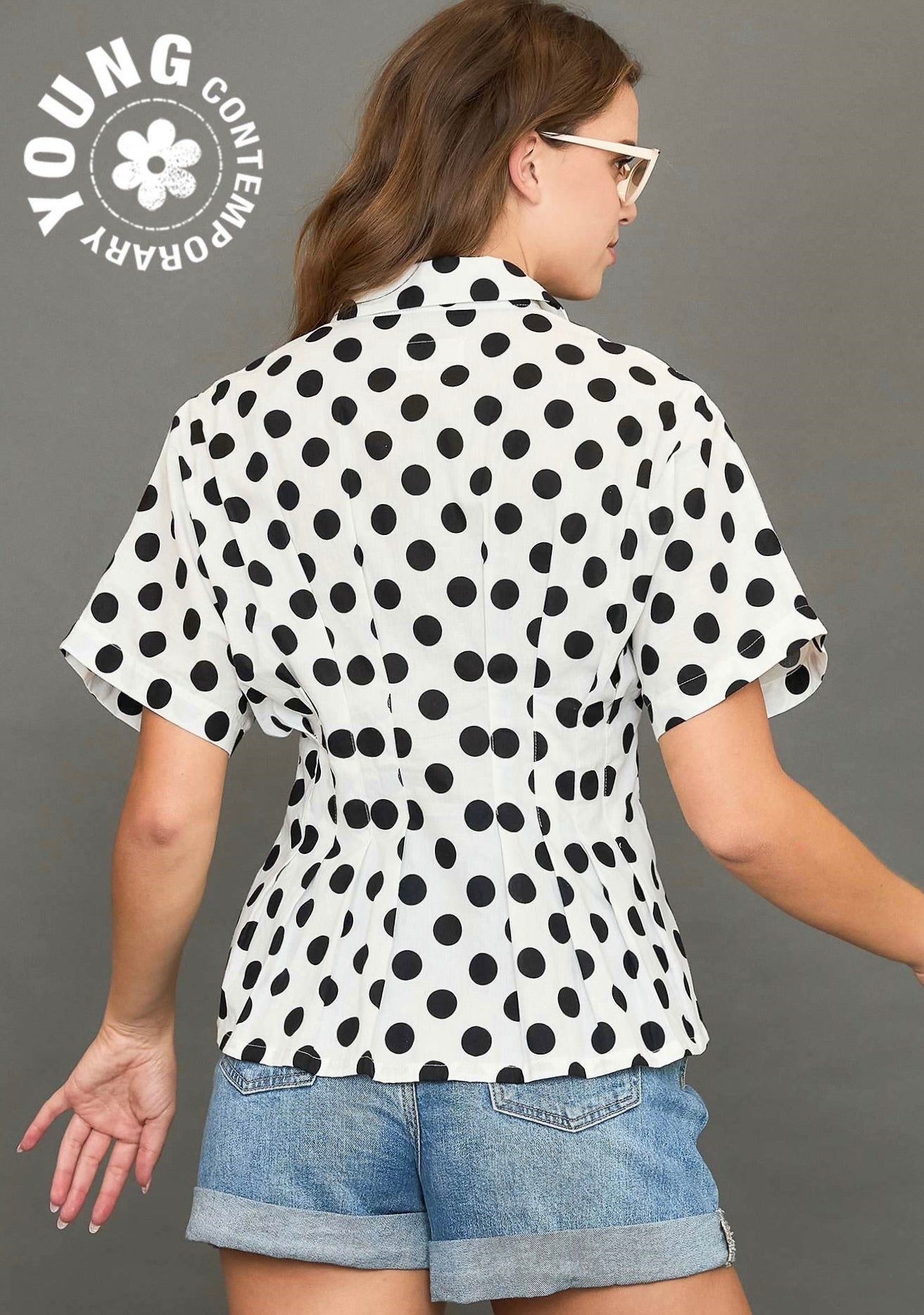 Polka Dot Pleated Button Down Top