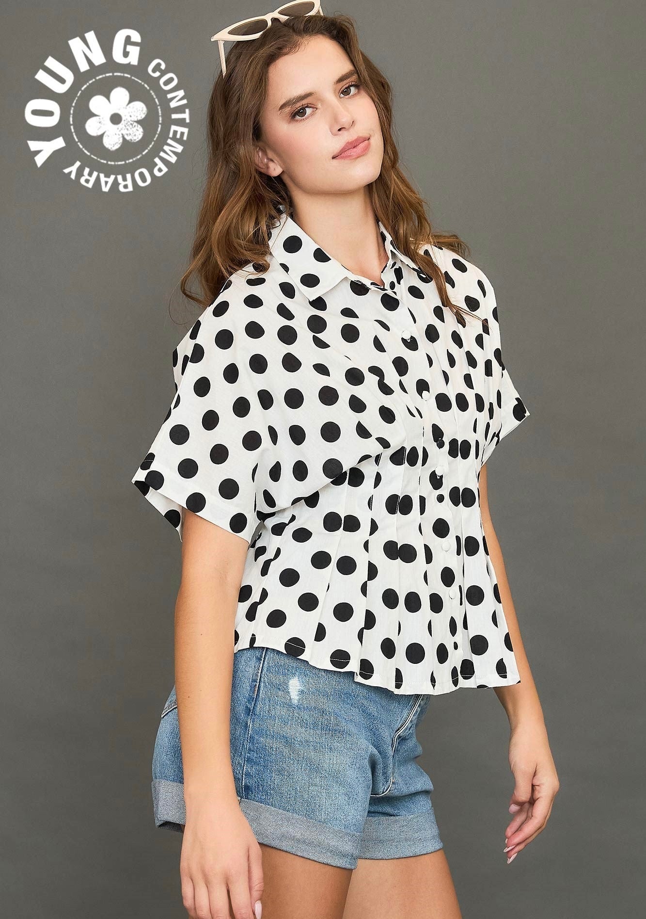 Polka Dot Pleated Button Down Top