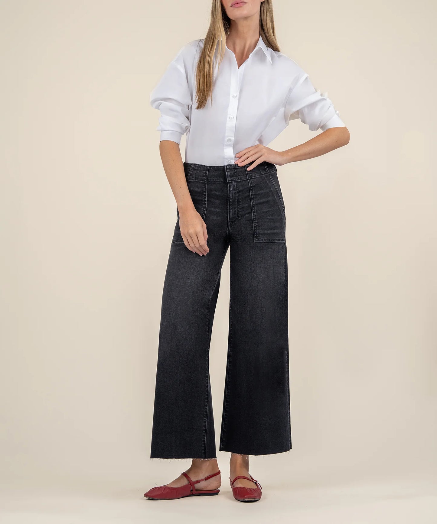 Kut From The Kloth Meg Wide Leg Raw Pork Chop Pocket Raw Hem Jeans (Black)