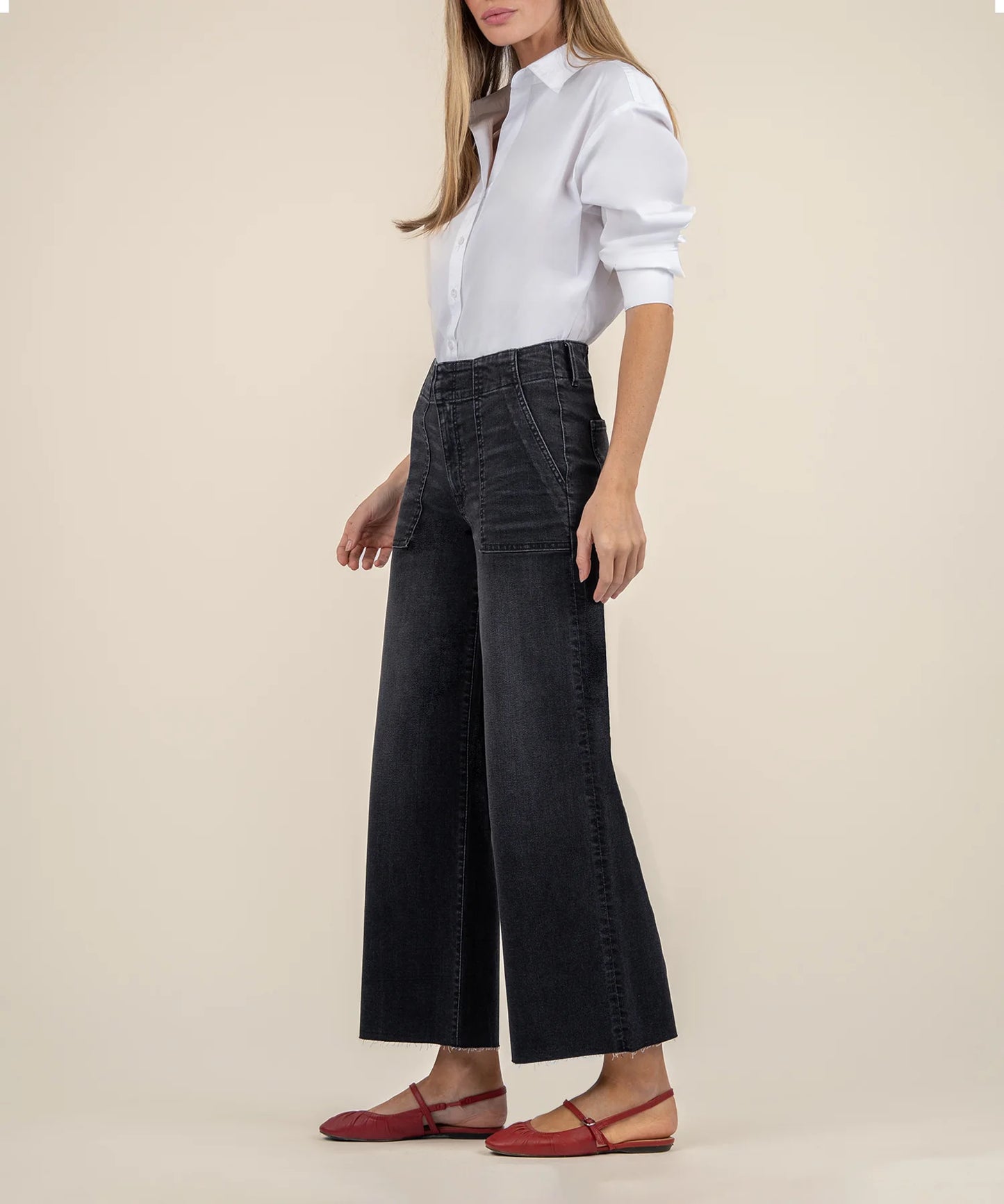 Kut From The Kloth Meg Wide Leg Raw Pork Chop Pocket Raw Hem Jeans (Black)