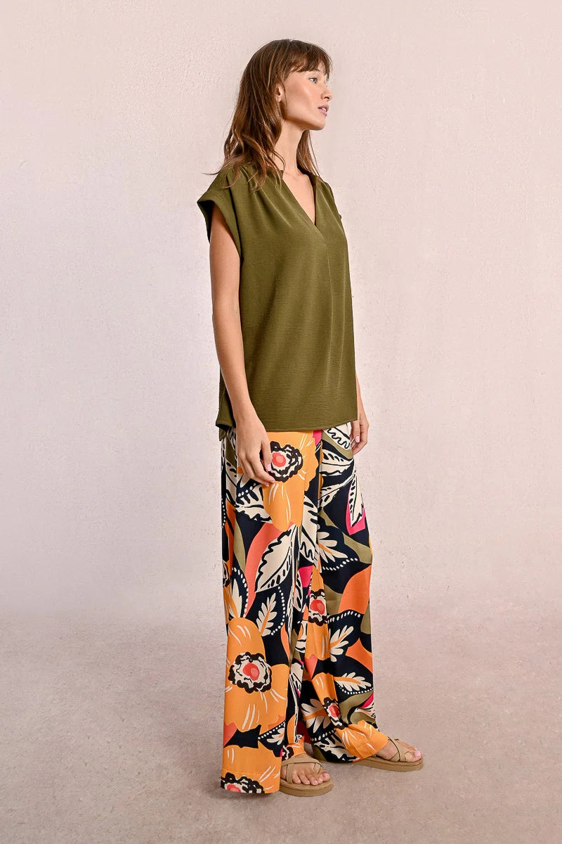 Khaki V-Neck Fluid Cap Sleeve Blouse Full View Pizzazz Beloit