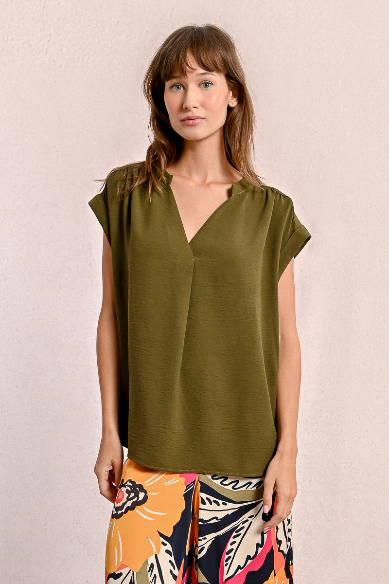 Khaki V-Neck Fluid Cap Sleeve Blouse Pizzazz Beloit
