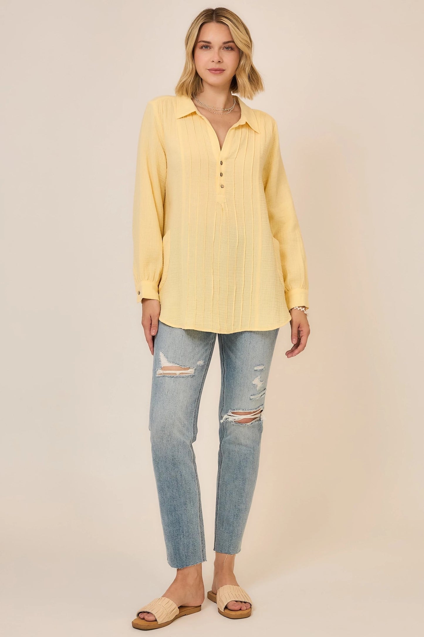 Sunshine Charm Pleated Button Down Blouse