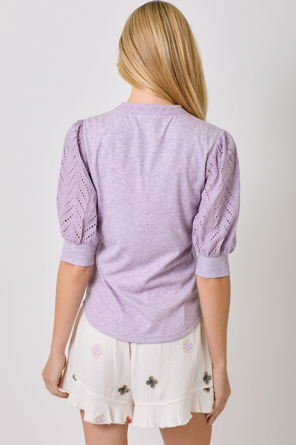 Lavender Puff Sleeve Contrast Top Back View Pizzazz Beloit
