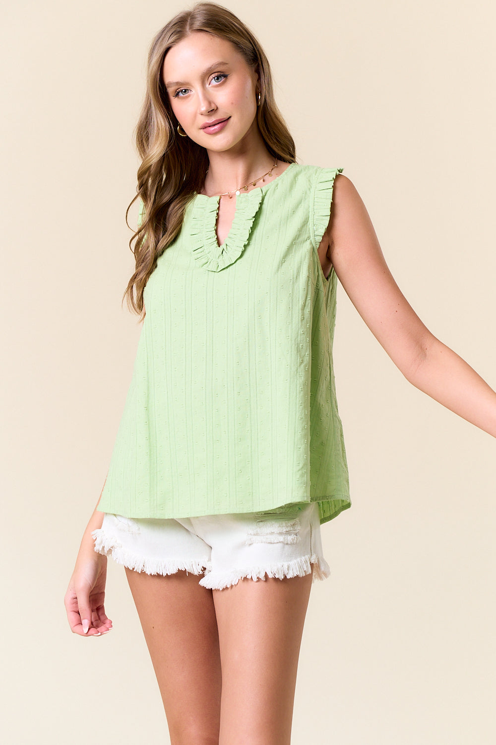Lime Cream Textured Cotton Ruffled Tank Top Alt View Pizzazz Beloit