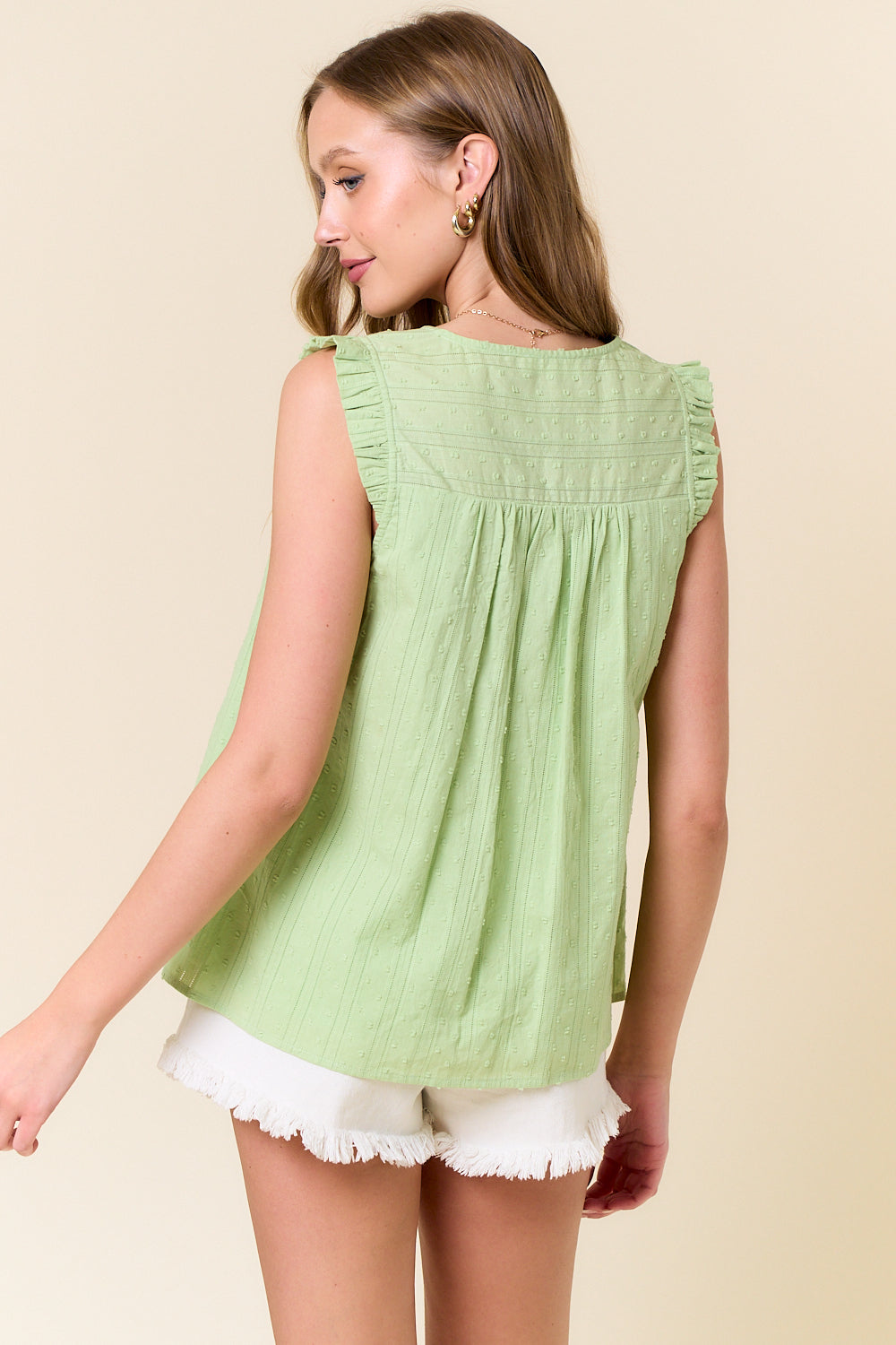 Lime Cream Textured Cotton Ruffled Tank Top Back View Pizzazz Beloit