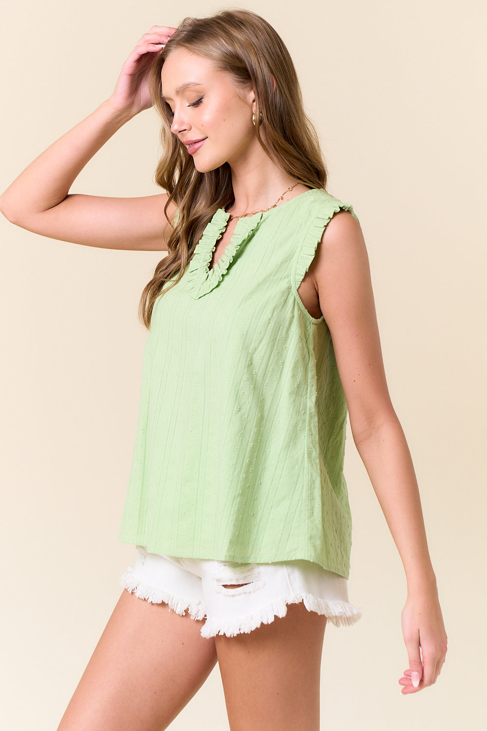 Lime Cream Textured Cotton Ruffled Tank Top Side View Pizzazz Beloit