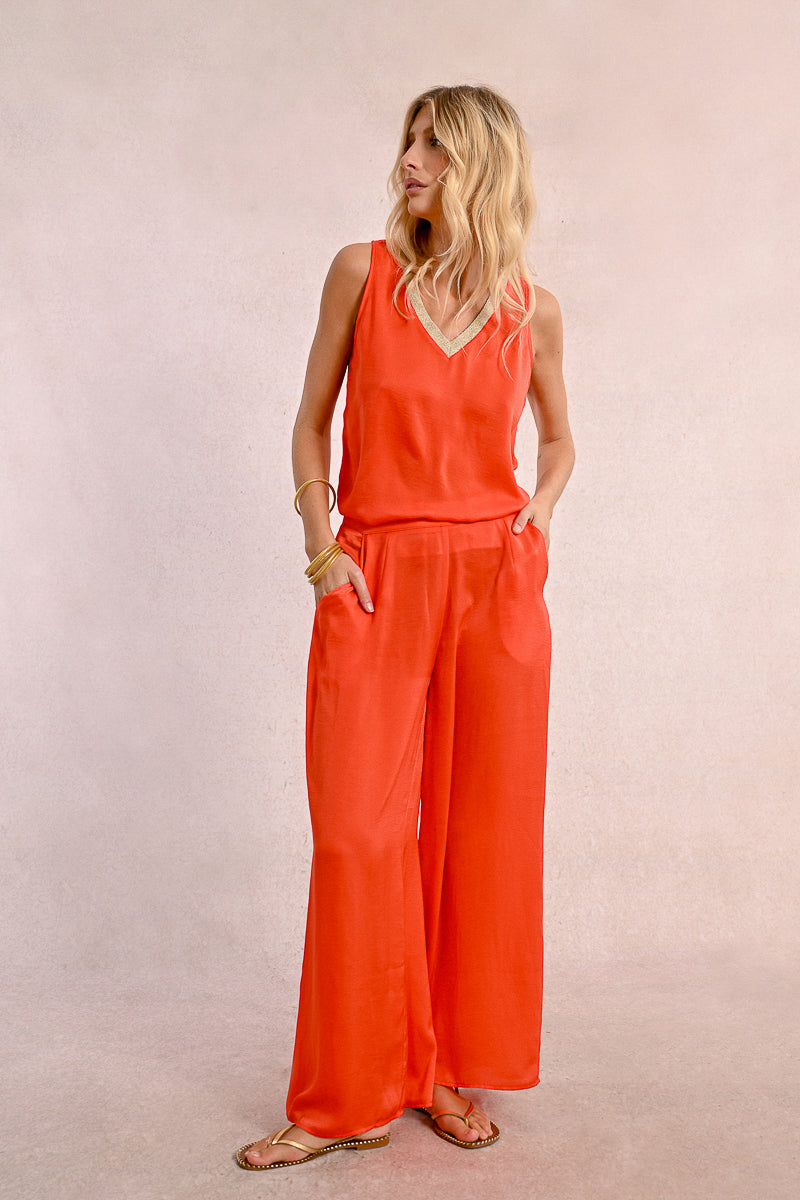 Red Coral Breezy Wide Leg Pants