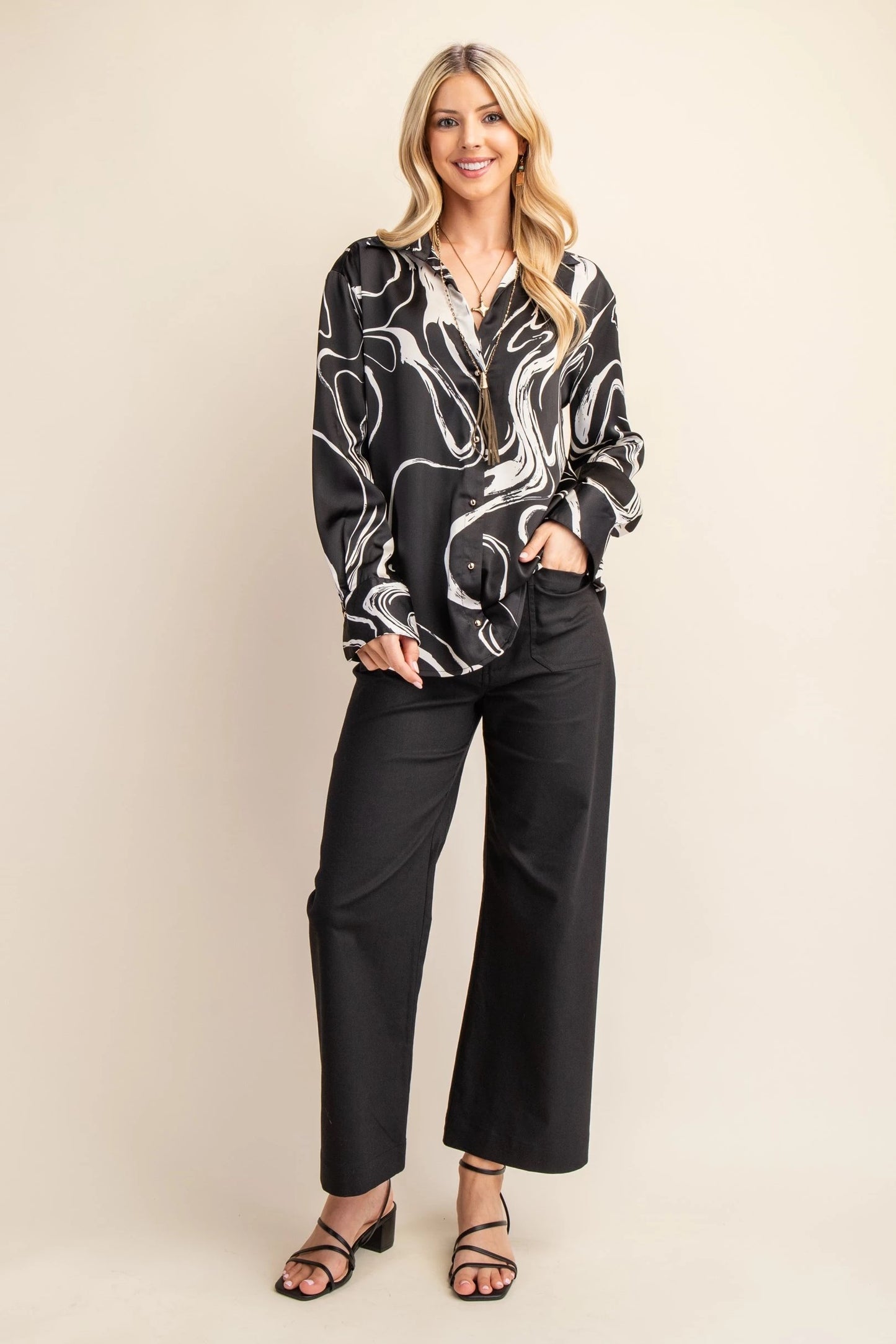 Marble Print Satin Blouse Pizzazz Beloit
