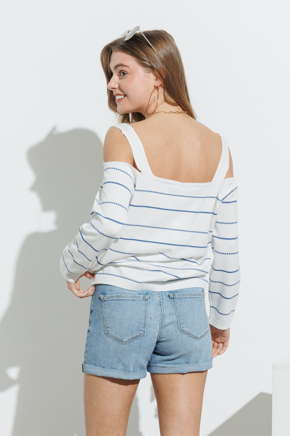 Open Shoulder Striped Sweater Top Back View Pizzazz Beloit