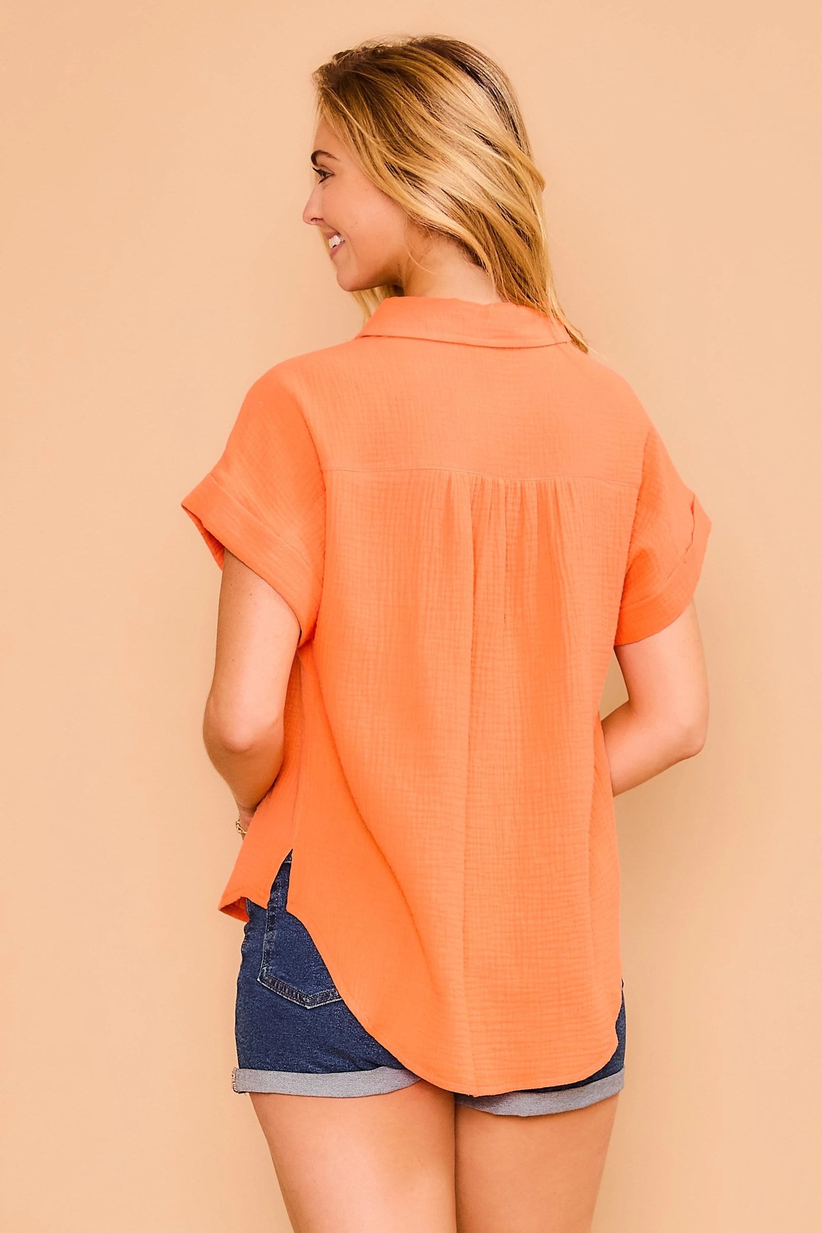 Orange Fresh & Fluffy Gauze Button Down Top Back View Pizzazz Beloit