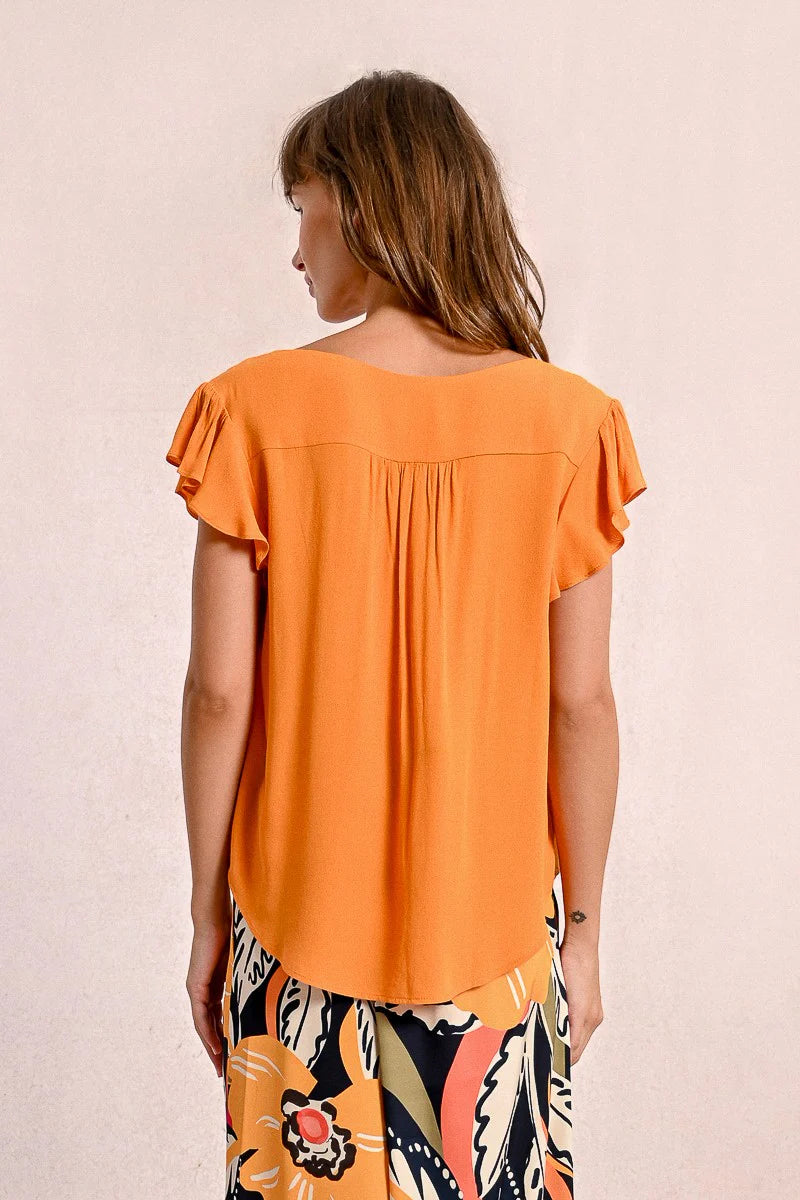 Orange Ruffled Cap Sleeve V-Neck Flowy Shirt Back View Pizzazz Beloit