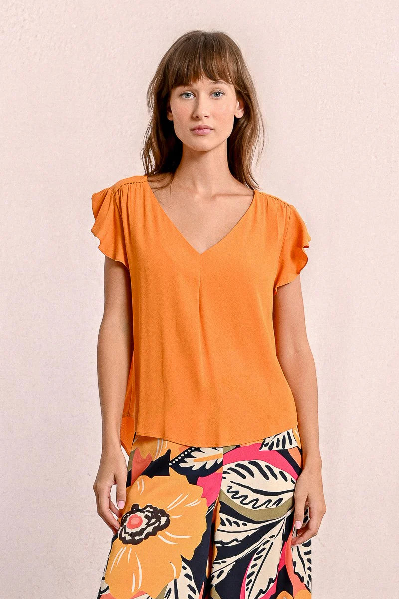 Orange Ruffled Cap Sleeve V-Neck Flowy Shirt Pizzazz Beloit