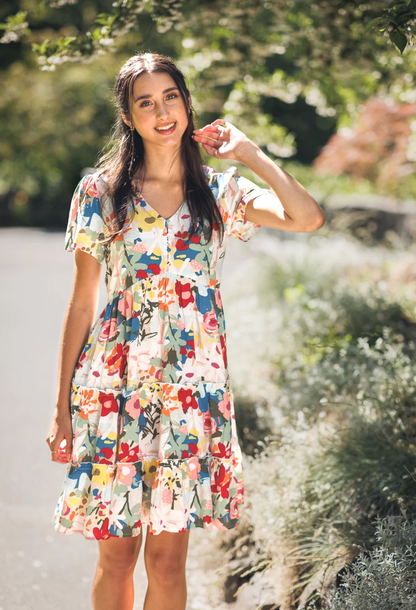 Whimsical Floral Short Sleeve Tiered Floral Henley Dress