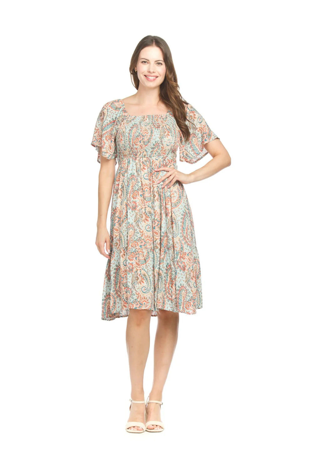 Blue Paisley Smocked Off the Shoulder Puff Sleeve Dress