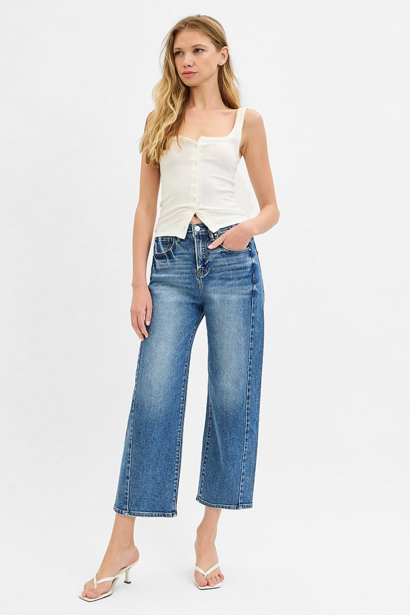 Risen Adjustable Waistband High Rise Crop Length Barrel Jeans