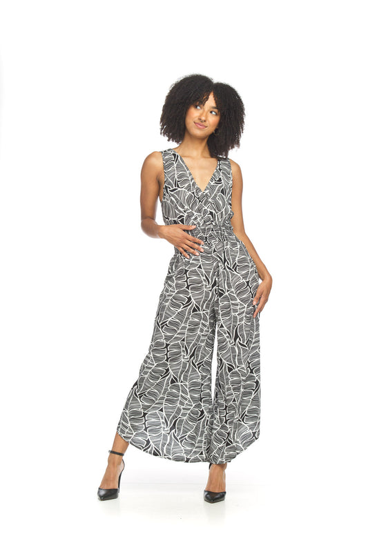 Black Printed Sleeveless Wrap Top Wide Leg Jumpsuit