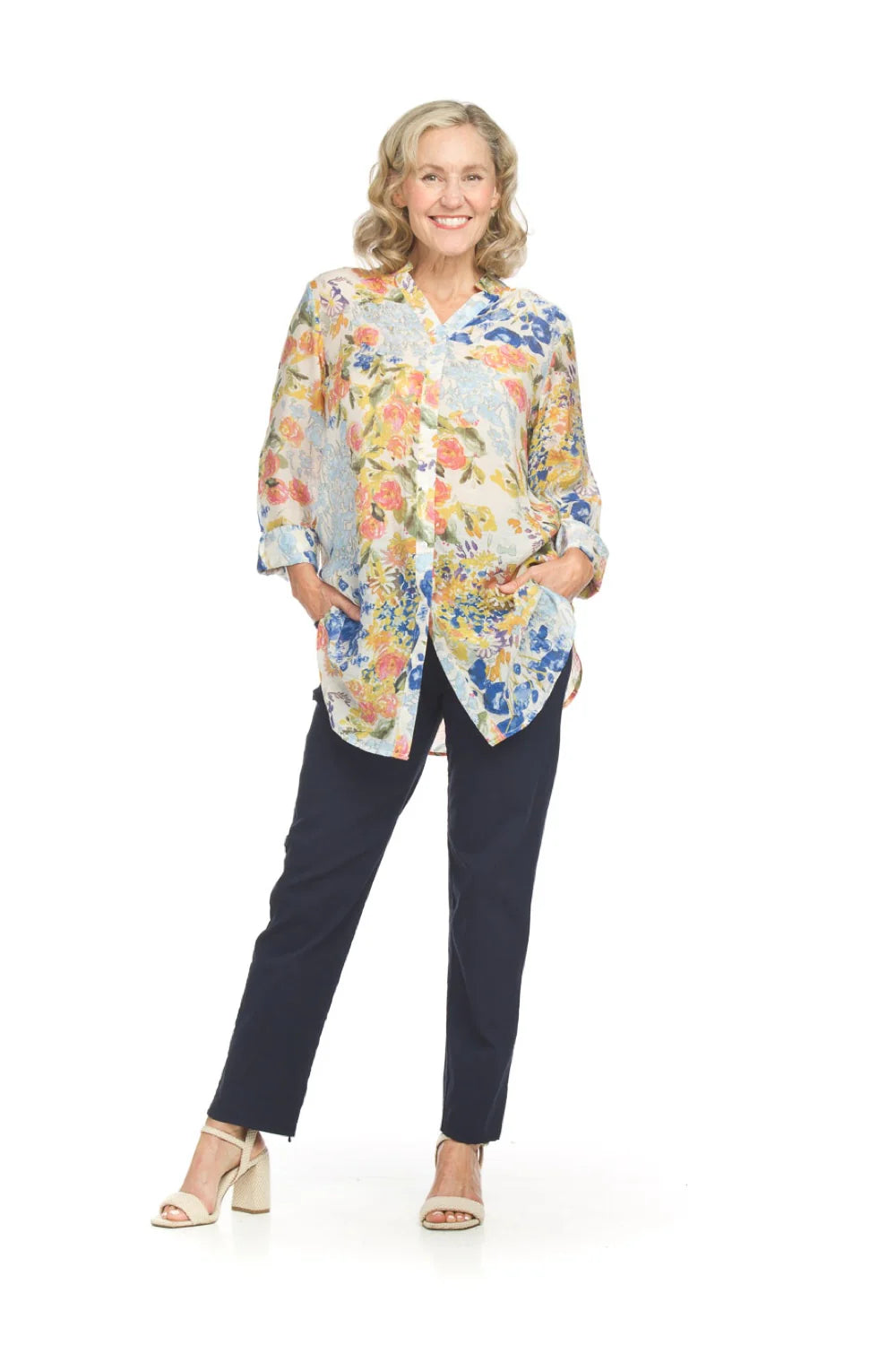 Floral button front tunic with tab sleeves