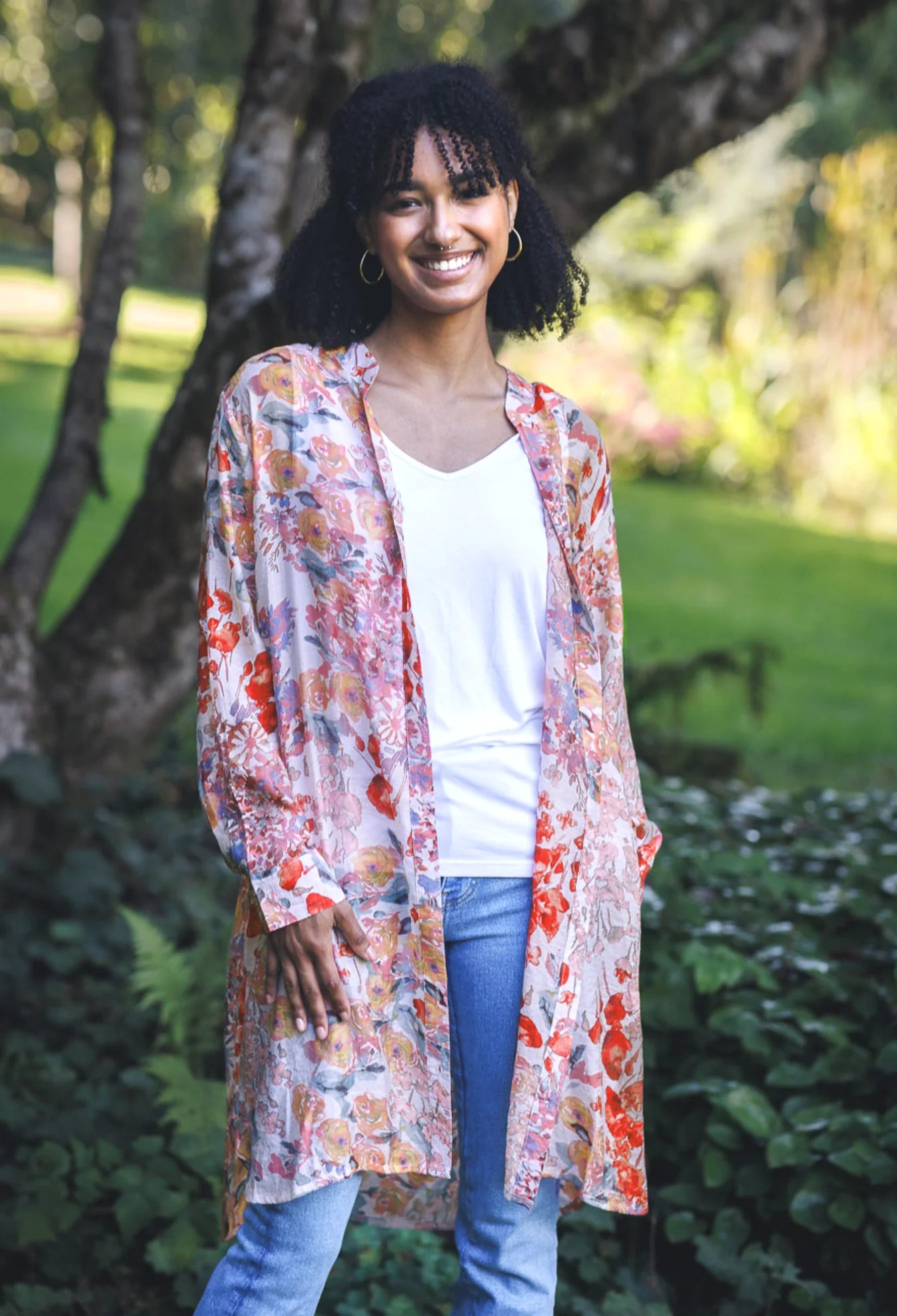 Floral button front tunic with tab sleeves