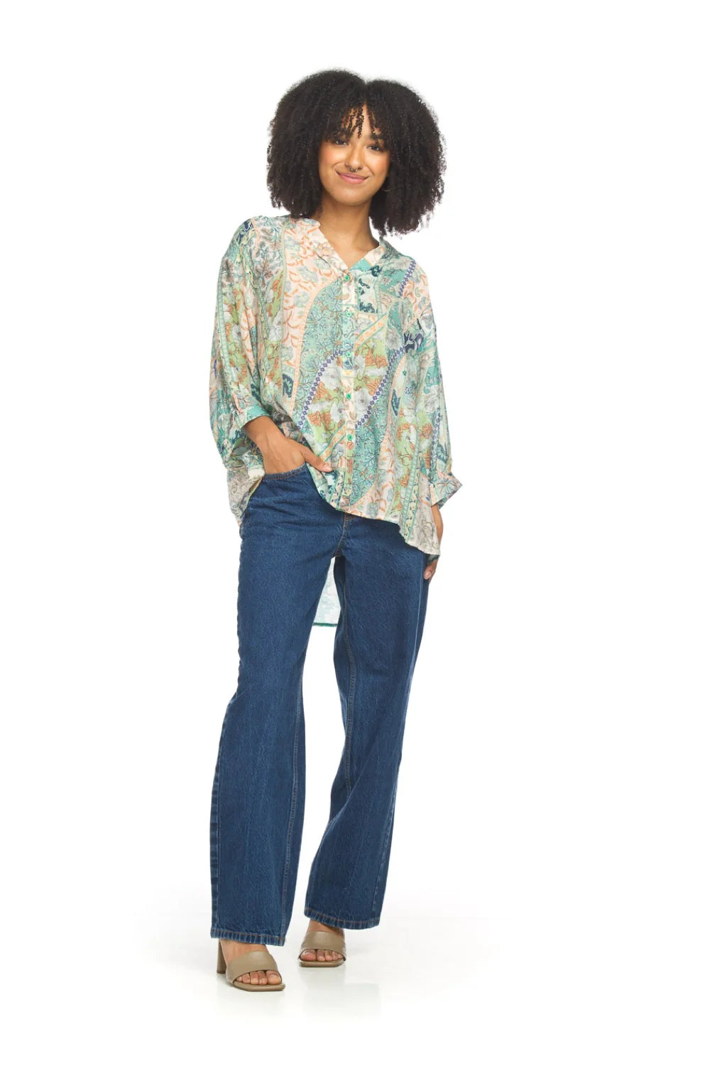 Green Patchwork Lightweight Button Front Top