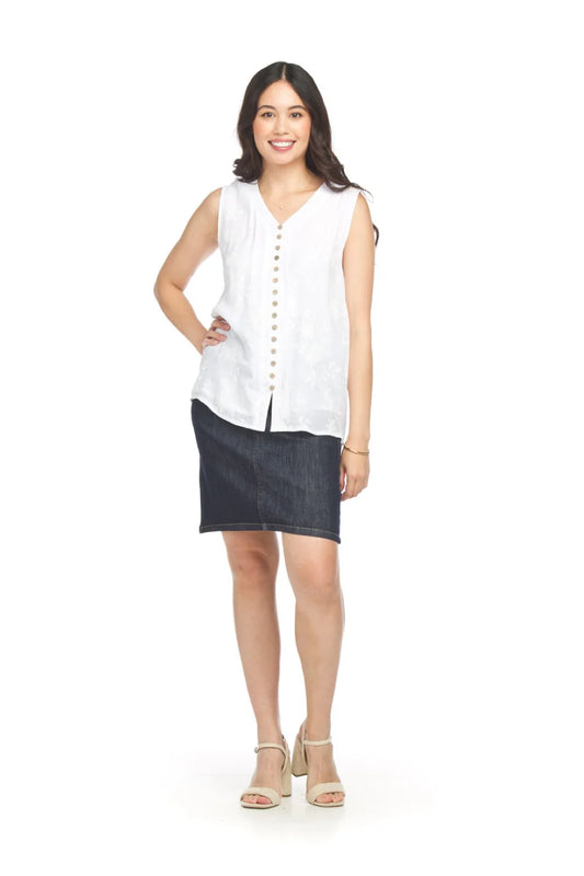 Button Detail Embossed Crinkle Sleeveless Blouse