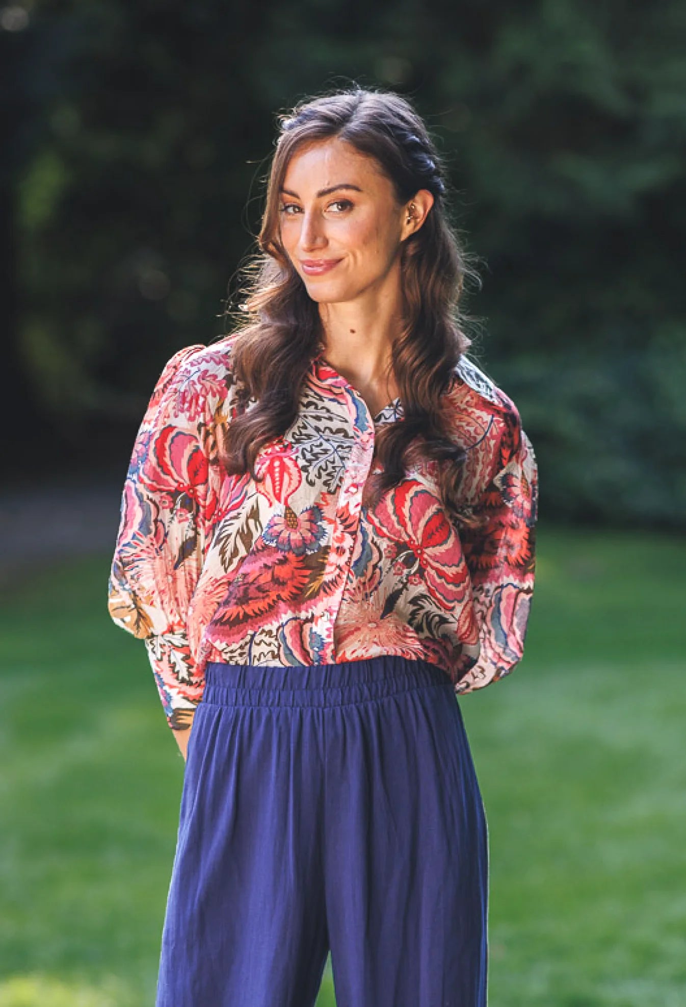 Pink Bold Floral Collated Button Front Blouse