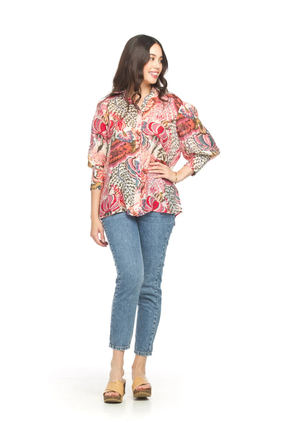 Pink Bold Floral Collated Button Front Blouse