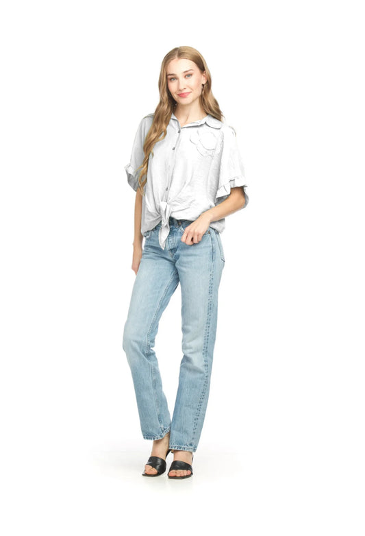 Linen Floral Accent Ruffle Sleeve Tie Waist Button Up Top