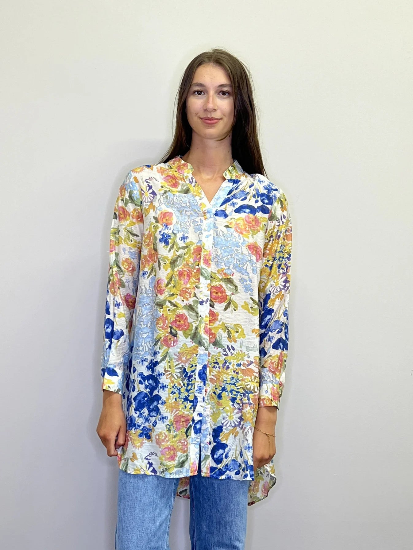 Floral button front tunic with tab sleeves
