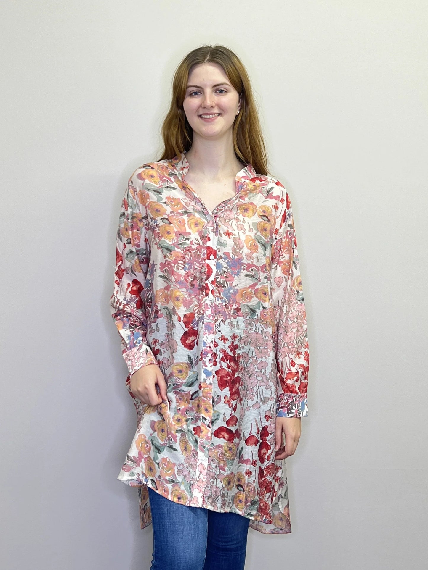 Floral button front tunic with tab sleeves