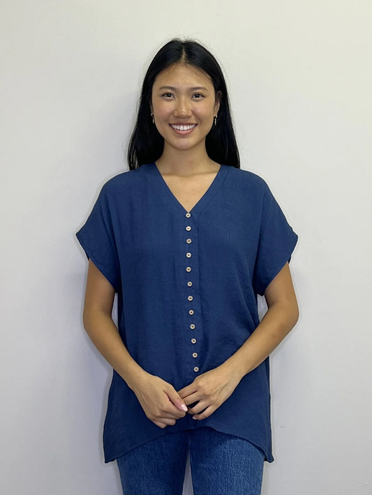 V-Neck Asymmetrical Crinkle Button Front Top
