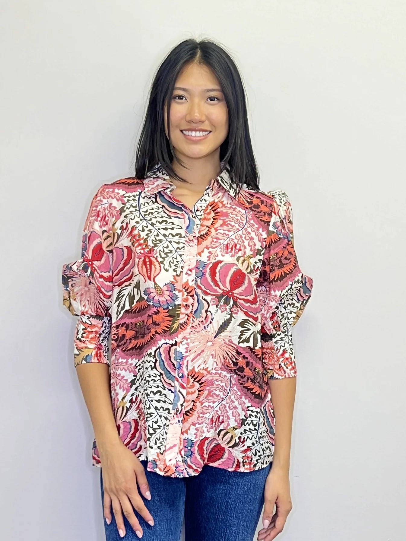 Pink Bold Floral Collated Button Front Blouse