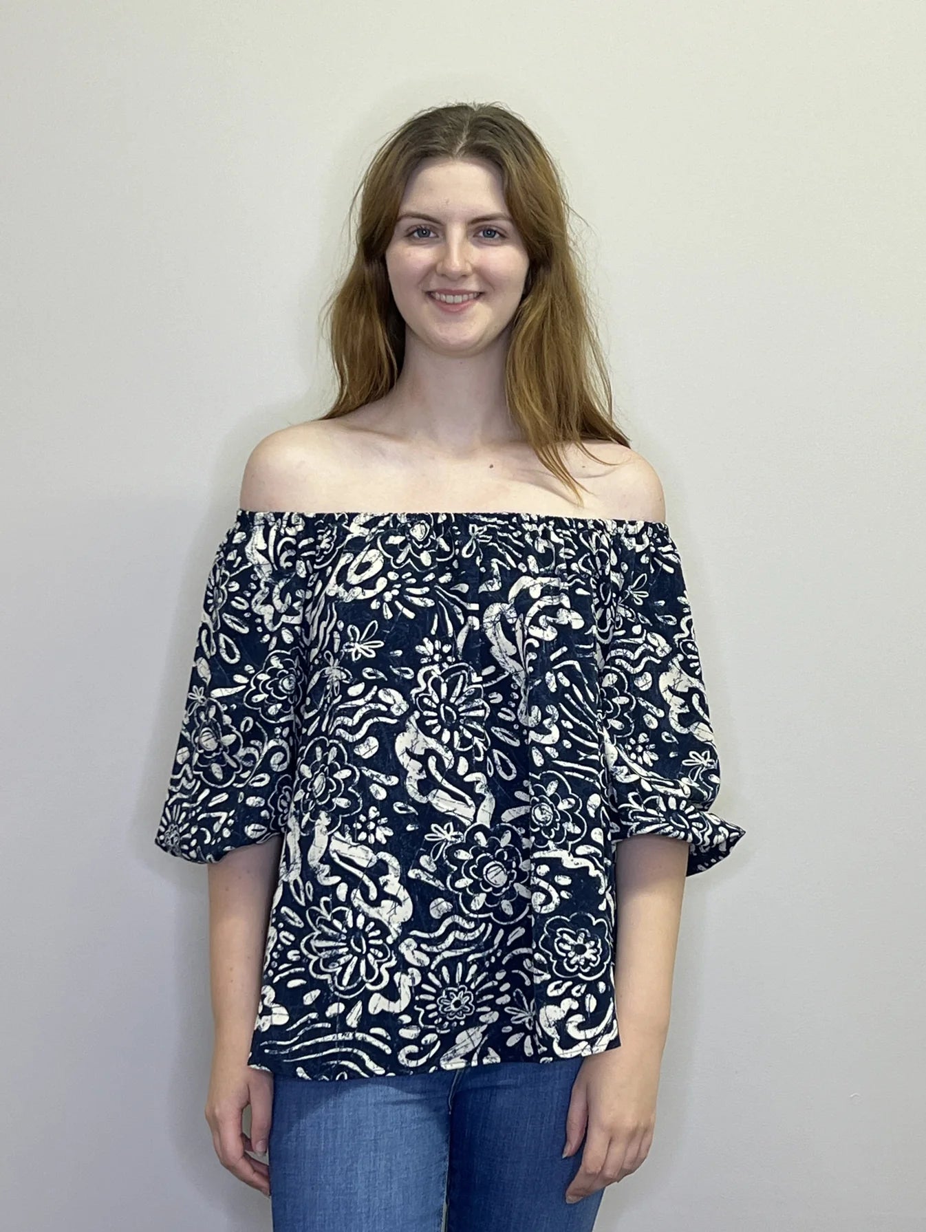 Navy Floral Blouse with Elastic cuffs