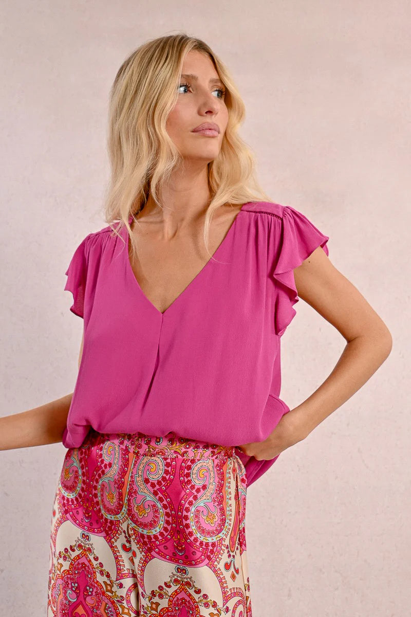 Purple Ruffled Cap Sleeve V-Neck Flowy Shirt Alt View Pizzazz Beloit