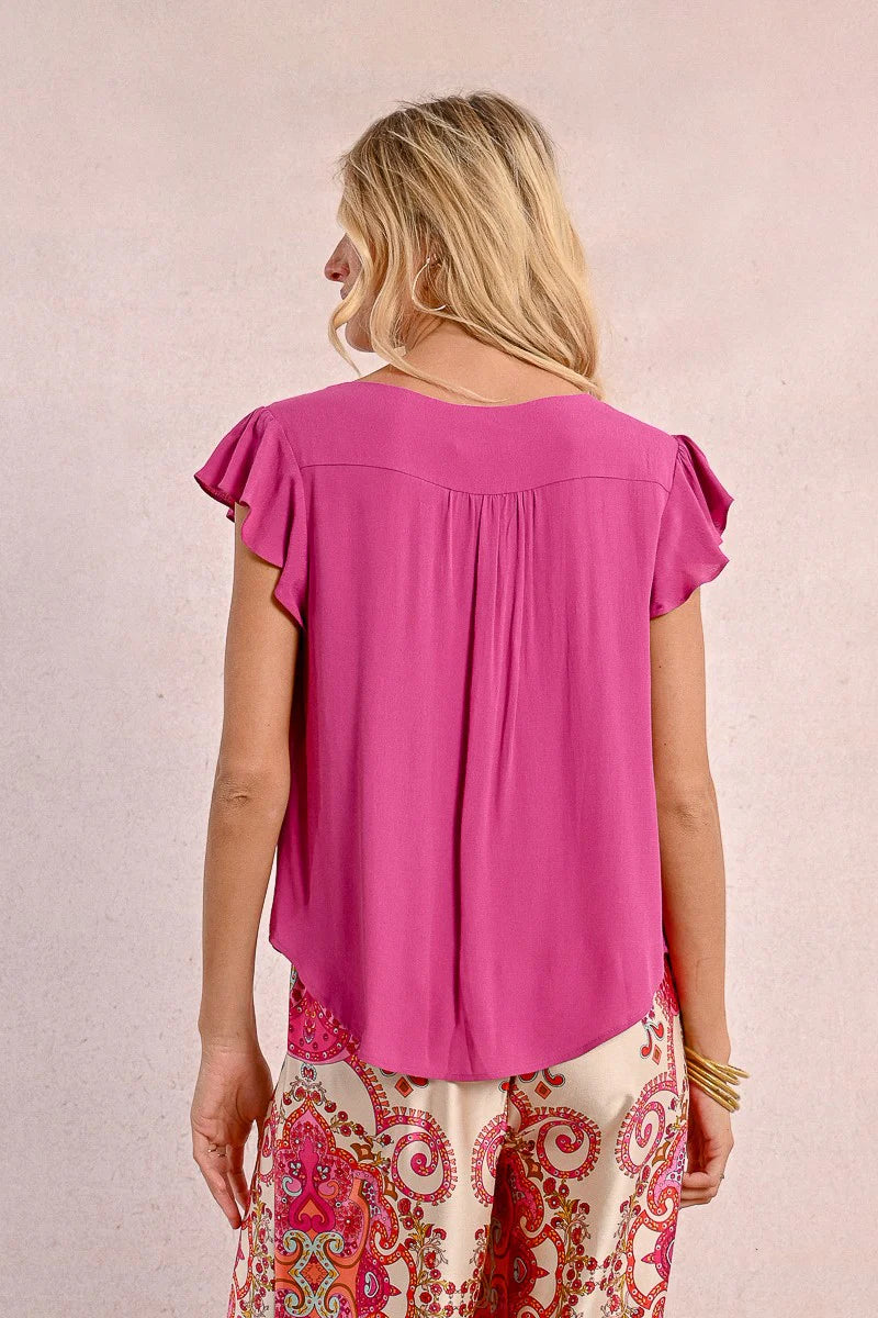 Purple Ruffled Cap Sleeve V-Neck Flowy Shirt Back View Pizzazz Beloit